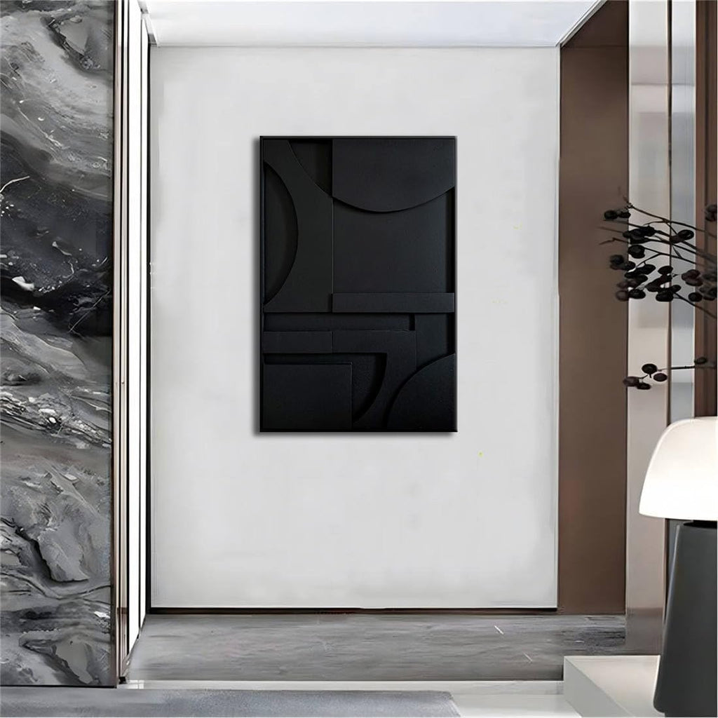 Slyart 3D Black Textured Plaster Wall Art, Handmade Contemporary Art Abstract Geometric Relief Painting, Framed Thick Texture Vertical Wall Art 24x36 Inch