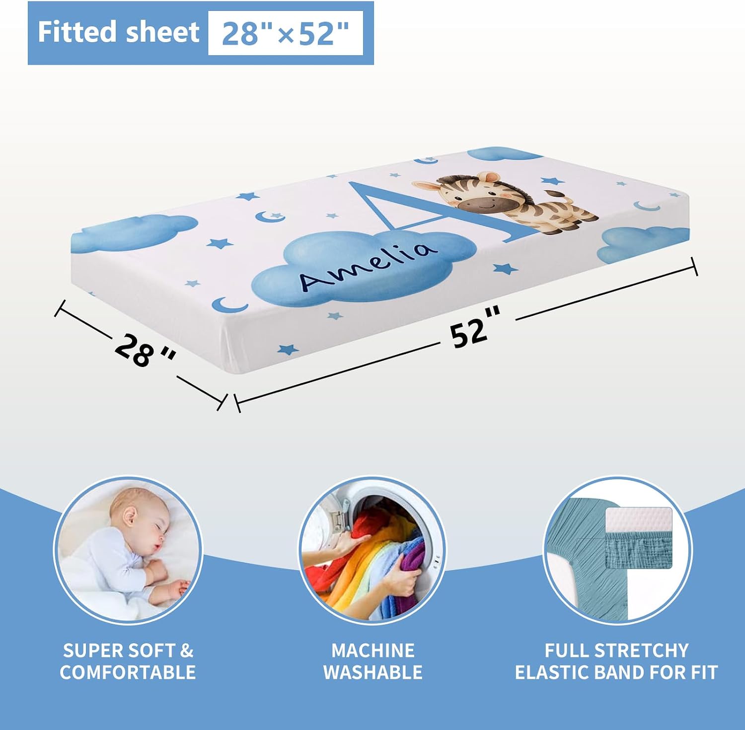 KAINSY Custom Crib Bedding Set, 5 Pcs Personalized Name Monogram Baby Crib Sets for Infants Toddlers, Blue Zebra Nursery Bedding Set for Boys Girls, Double Layer Baby Bedding Sets Customized Gifts