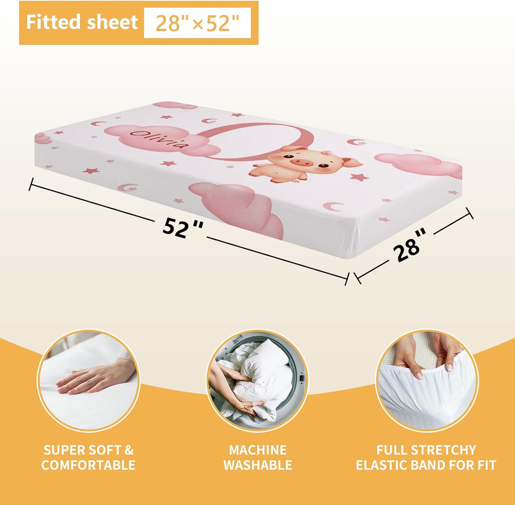 Terwex Custom Baby Bedding Set, 5 Pcs Personalized Baby Crib Sets with Name, Toddler Bedding Set for Baby Girls Boys, Pink Pig Double Layer Nursery Bedding Set, Customized Gift for Infant New Parents