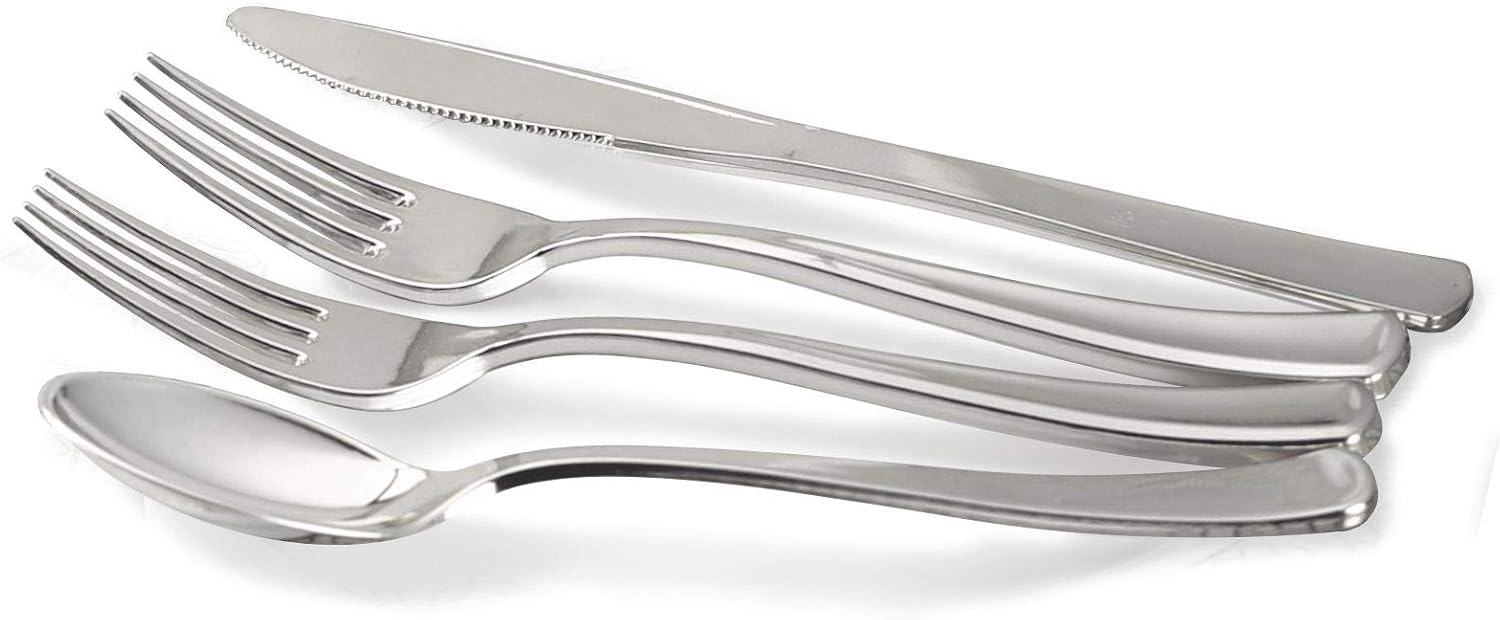' OCCASIONS ' 1080 pcs/120 Guest-Full Tableware Set-Wedding Disposable Plastic Plates, Silverware, Silver Rimmed Tumblers & Linen Feel Napkins w/napkin Rings(Combo C, White & Silver Rim)
