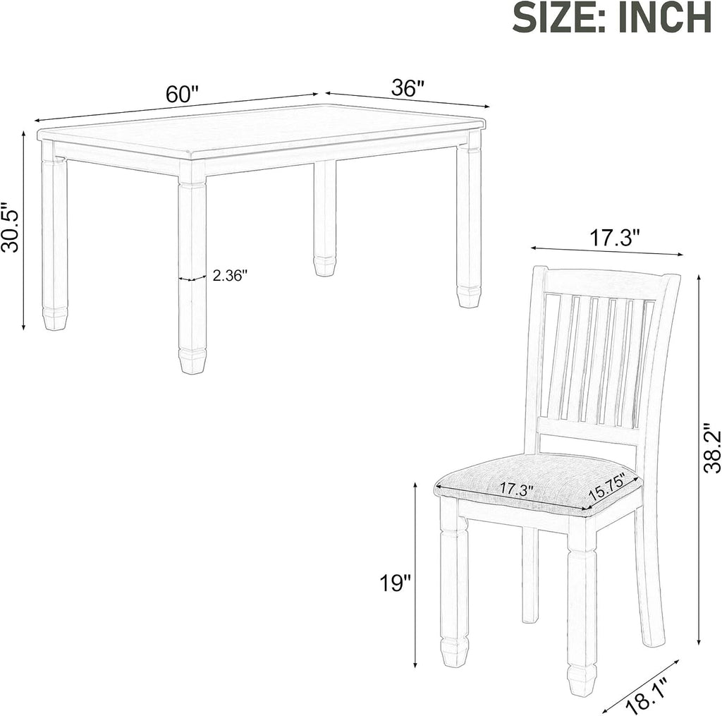 Neoclassical Solid Wood Dining Table Set of 7, Kitchen Dining Room Table Set, 60' Rectangle Dining Room Table with 6 Upholstered Chairs and Shaped Legs, Family Dining Kitchen Set for 6