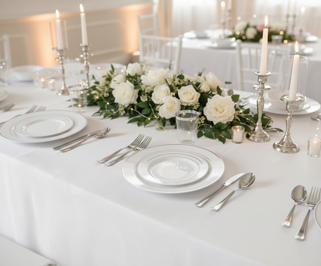 ' OCCASIONS ' 360 pcs/40 Guest-Full Tableware Set-Wedding Disposable Plastic Plates Silverware, Silver Rim Tumblers & Linen Feel Napkins/Metal Napkin Rings (Combo D, White & Silver Rim)