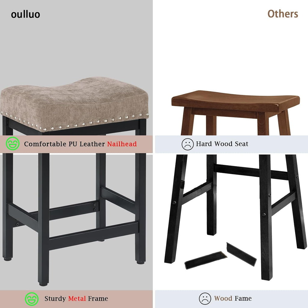 OUllUO Bar Stools Set of 2, 25 Inches Counter Height Bar Stools, Taupe Fabric Saddle Seat Bar Stools with Nailhead, Black Metal Kitchen Barstools for Kitchen Counter, 918P-FBDR