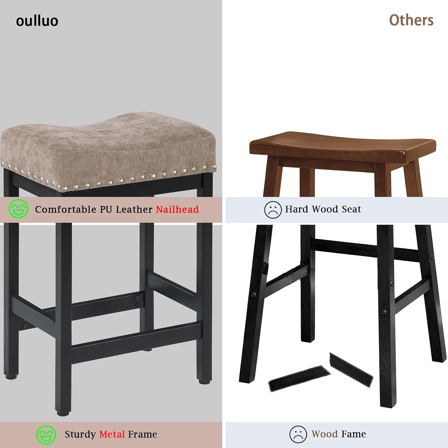 OUllUO Bar Stools Set of 2, 25 Inches Counter Height Bar Stools, Taupe Fabric Saddle Seat Bar Stools with Nailhead, Black Metal Kitchen Barstools for Kitchen Counter, 918P-FBDR