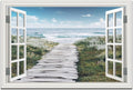 Ocean Canvas Wall Art Decor for Living Room Beach Flowers Path Pictures for Bedroom White Fake Window Frame Style Seascape Painting Extra Large Blue Coastal Landscape Art Print Hone Office Kitchen Basement Decorations 32' x 48'inch