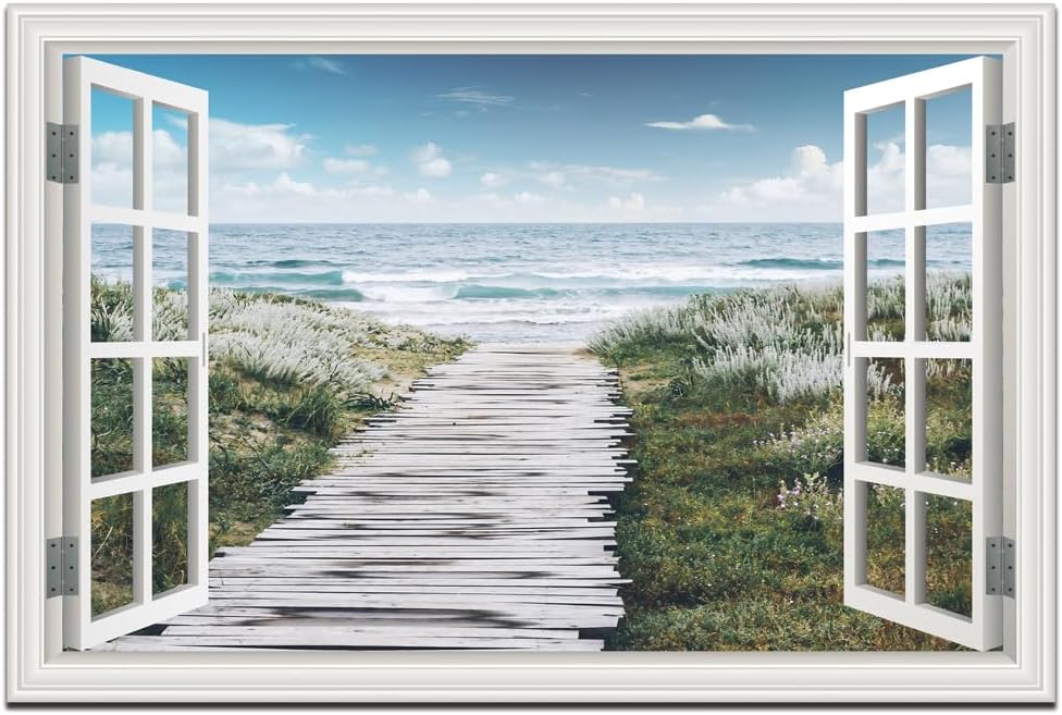 Ocean Canvas Wall Art Decor for Living Room Beach Flowers Path Pictures for Bedroom White Fake Window Frame Style Seascape Painting Extra Large Blue Coastal Landscape Art Print Hone Office Kitchen Basement Decorations 32' x 48'inch