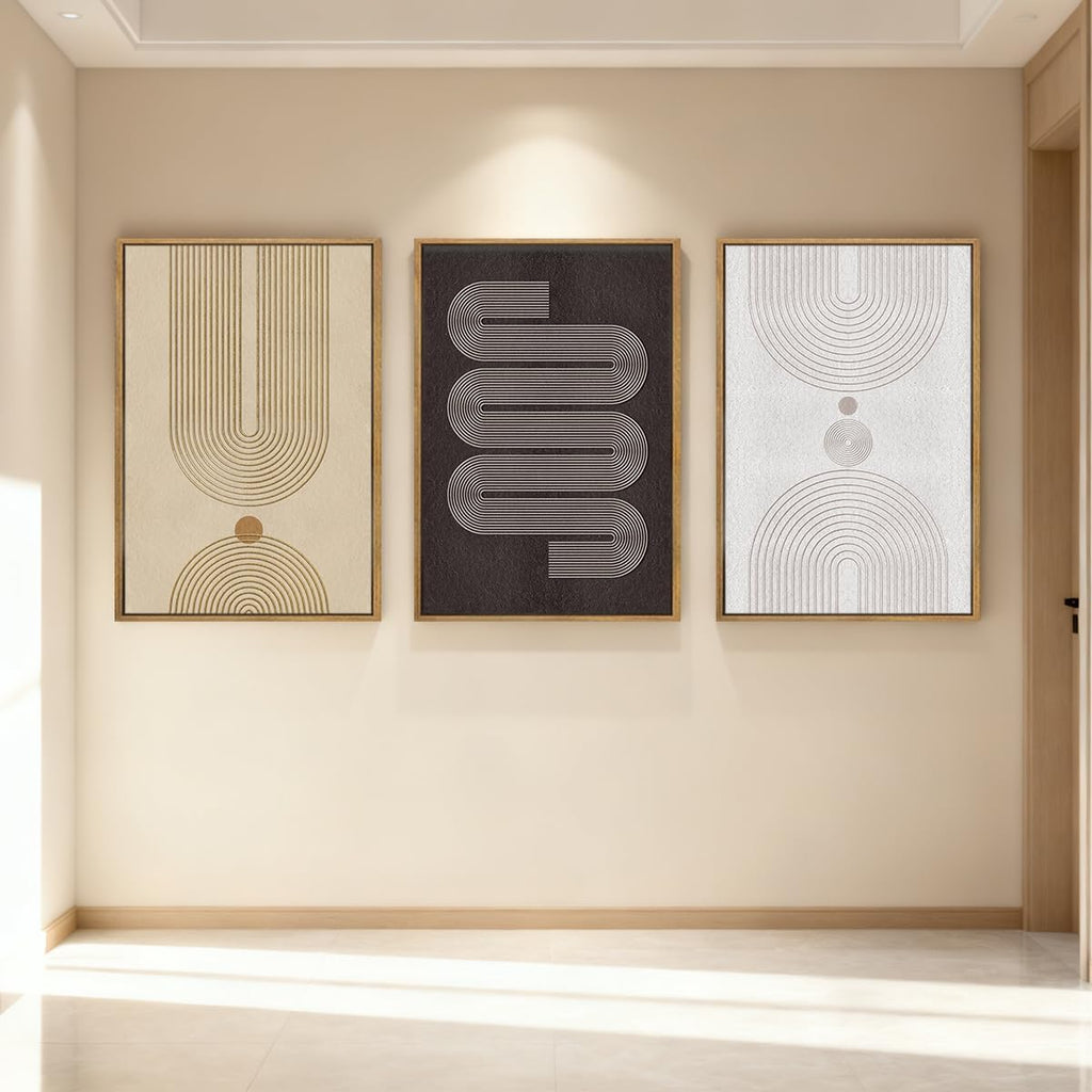 Anyzal Extra Large Modern Neutral Framed Wall Art 24x36 Inch Black Abstract Canvas Wall Decor Beige Boho Geometric Artwork for Living Room Bedroom Dining Room Set of 3