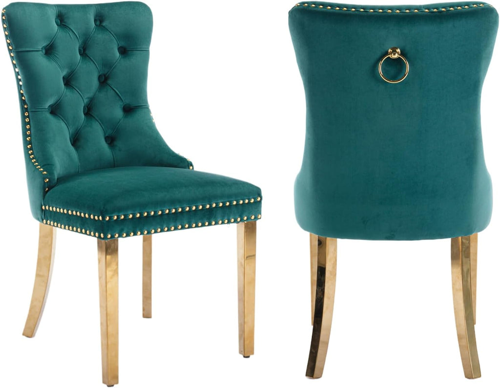 2 Piece Contemporary Velvet Upholstered Dining Chair with Chrome Stainless Steel Plating Legs, Nail Head Decro, Armless Tufted Dining Chair Fabric Dining Room Chair (Green&Gold, Set of 2)