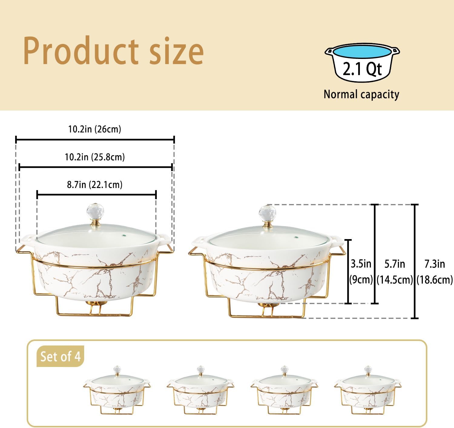 8' Round Ceramic Casserole Dish with Glass Lid and Gold rack Set of 4, 2 qt Serving Soup Tureen, Chafing Dish for Buffet, Family Food preserve Tray, Catering Casserole for Party Style