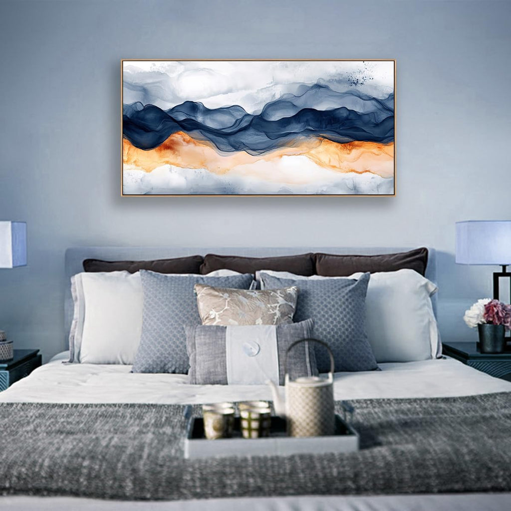 Tucai Decor Modern Abstract Mountain Wall Art Canvas Prints Navy Blue and Orange With Wood Frame Large Living Room Decor Bedroom Office Wall Decor 24 x 48 inch Ready to Hang