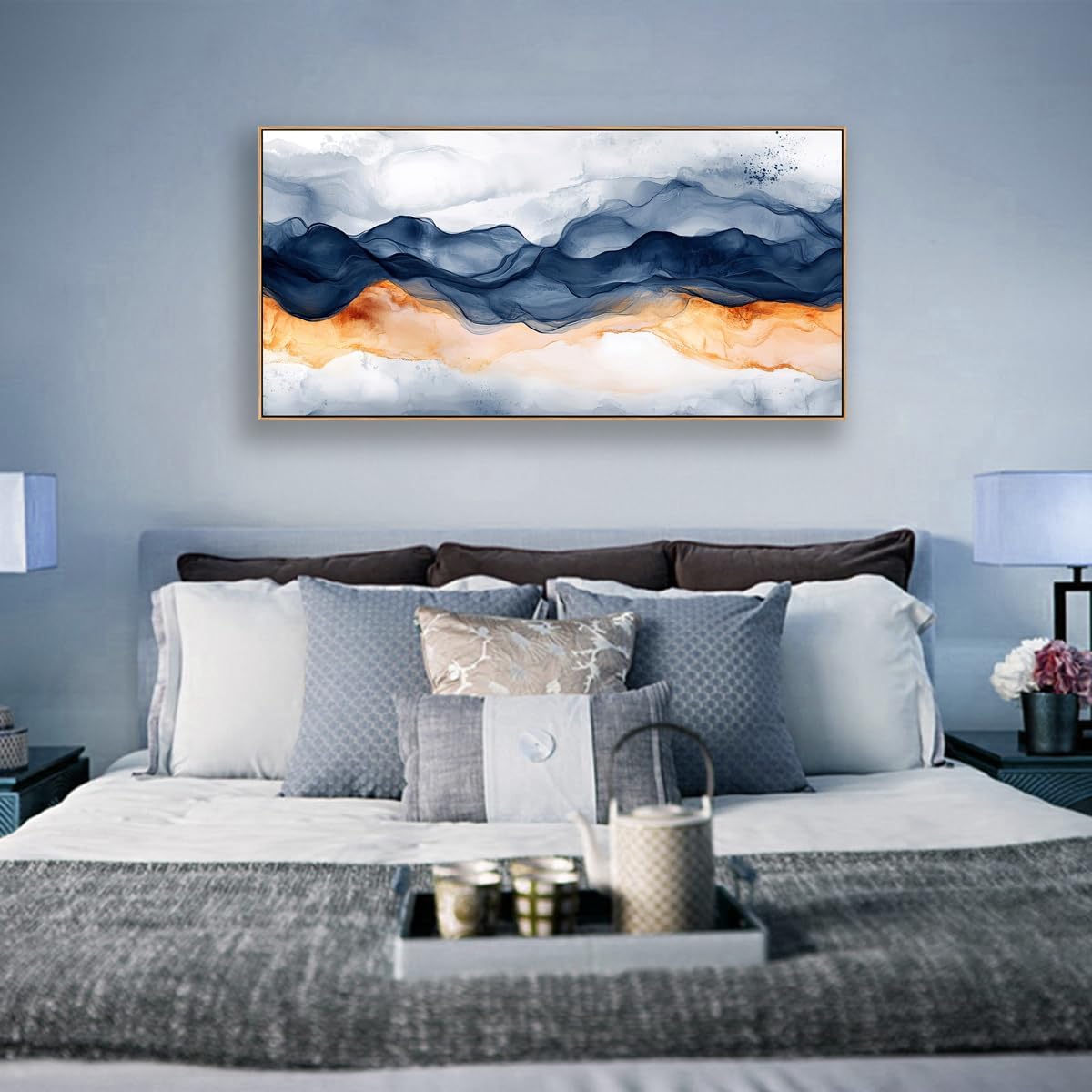 Tucai Decor Modern Abstract Mountain Wall Art Canvas Prints Navy Blue and Orange With Wood Frame Large Living Room Decor Bedroom Office Wall Decor 24 x 48 inch Ready to Hang