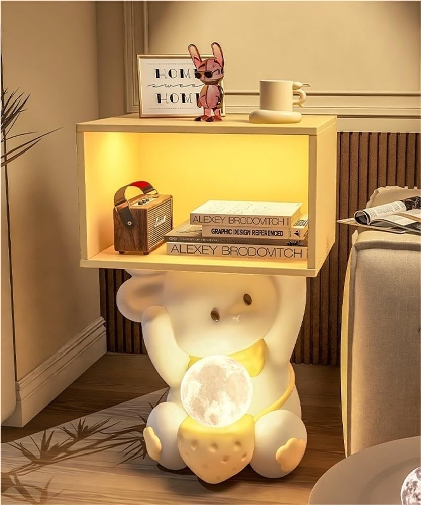 Decorative Bedside Table with Moon Lamp, Cute Nightstand with USB Charging, 3-Colour Adjustable Lighting, Small End Table with Open Storage Shelf(Yellow)