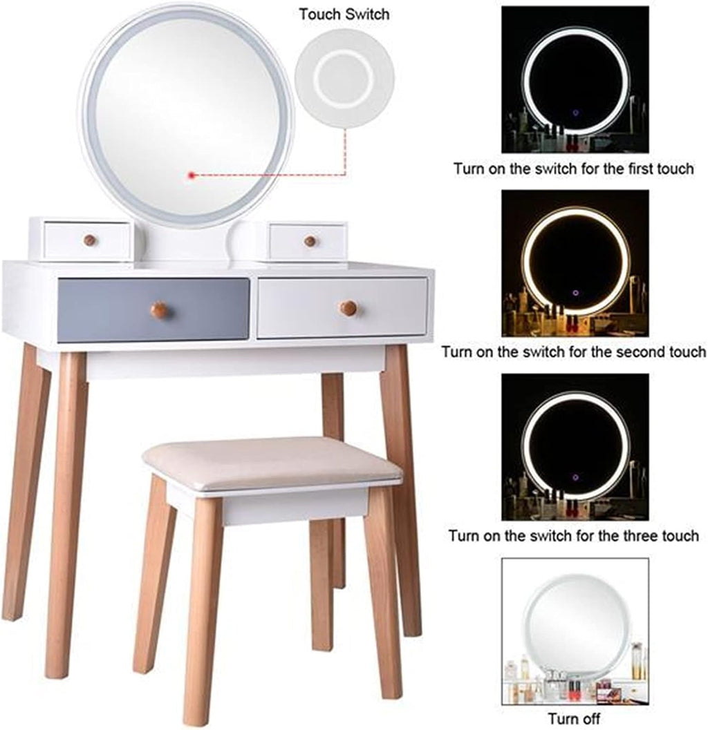 Dresser Vanity Table with Mirror Bedroom Wood Dressing Table Simple Makeup Table with Lamp Three Color Adjustable Dressing Table (Color : White)