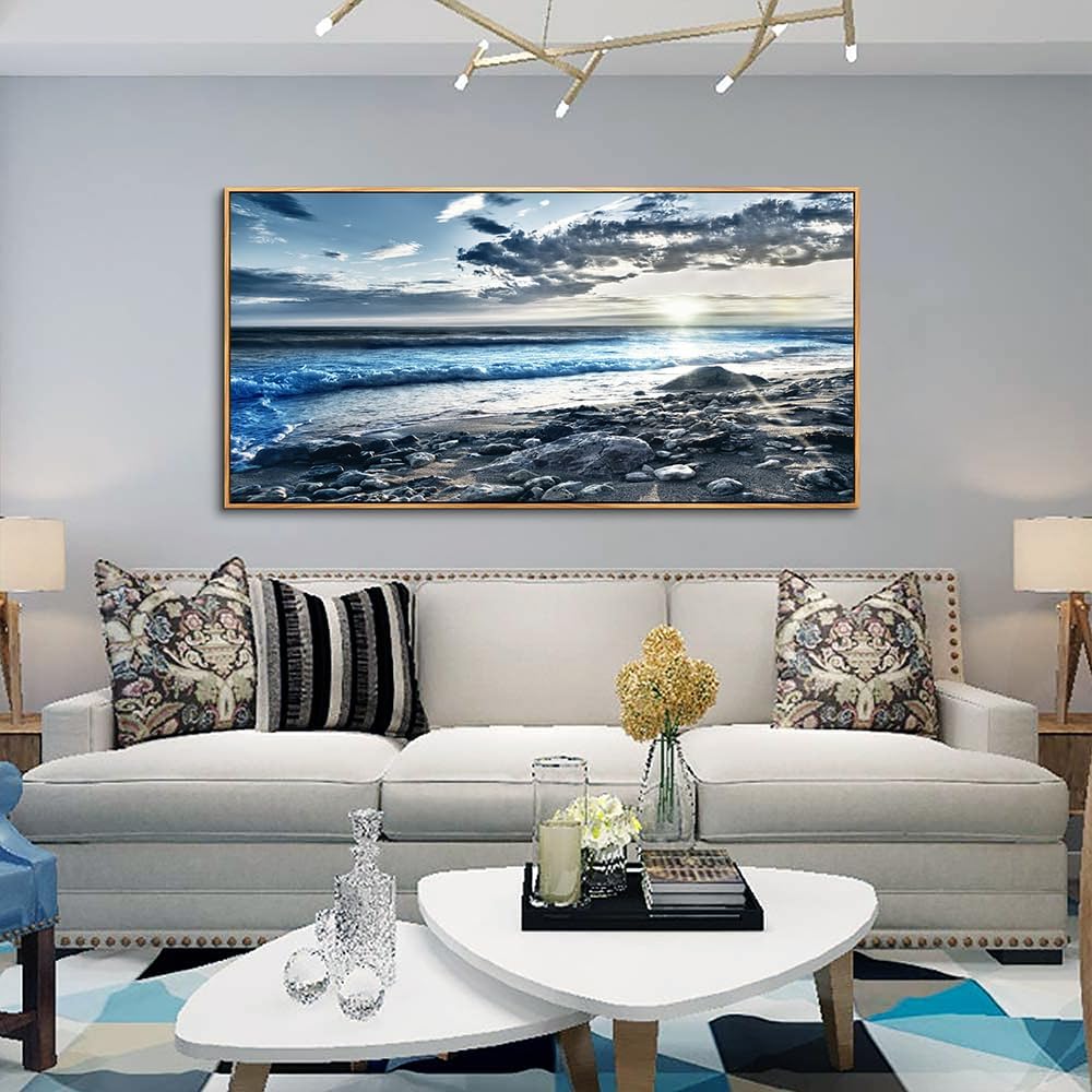 Wood Framed Wall Art For Living Room Large Size Wall Decor For Office Modern Bedroom Wall Decor Blue Beach Sun Ocean Landscape Wall Paintings Seascape Framed Pictures Artwork Home Decor 30' X 60'