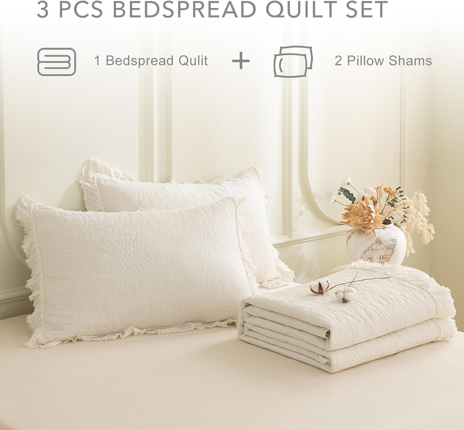 QSH 3PCs Milk White Oversized King Quilt Bedspread Set(120'x120'),Stonewashed Cotton Ruffled Quilt California King,Ultra Soft Lightweight Crinkled Shabby Bedspread Coverlet Bedding Set for All Seasons