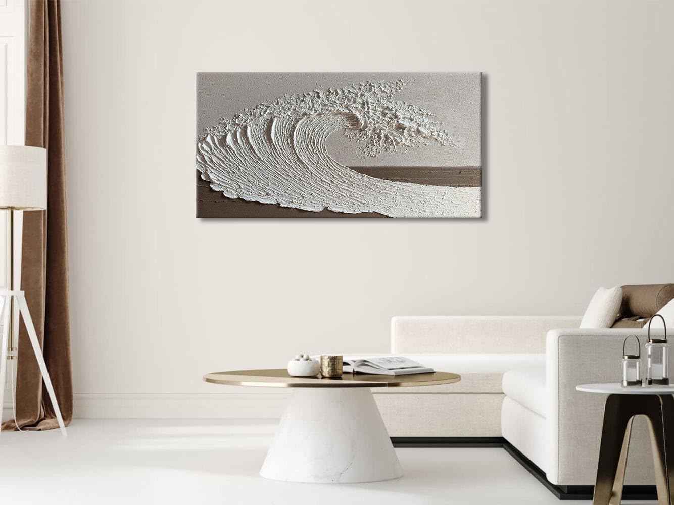 Slyart Abstract Ocean Wave Wall Art, White Textured Oil Painting on Canvas, Modern Minimalist Wall Decor