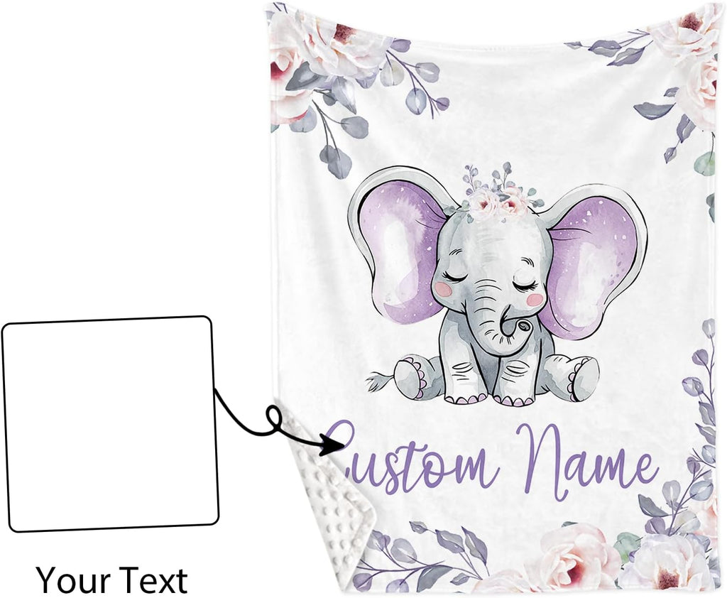 Personalized Baby Crib Bedding Set for Baby Girls, Light Purple Elephant Pattern Custom Name Baby Crib Sets 5-Pcs, Toddler Double Layer Blanket Fitted Sheets Changing Pad Cover Rug Wall Art Set