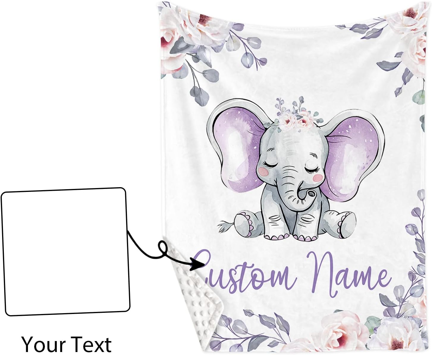 Personalized Baby Crib Bedding Set for Baby Girls, Light Purple Elephant Pattern Custom Name Baby Crib Sets 5-Pcs, Toddler Double Layer Blanket Fitted Sheets Changing Pad Cover Rug Wall Art Set