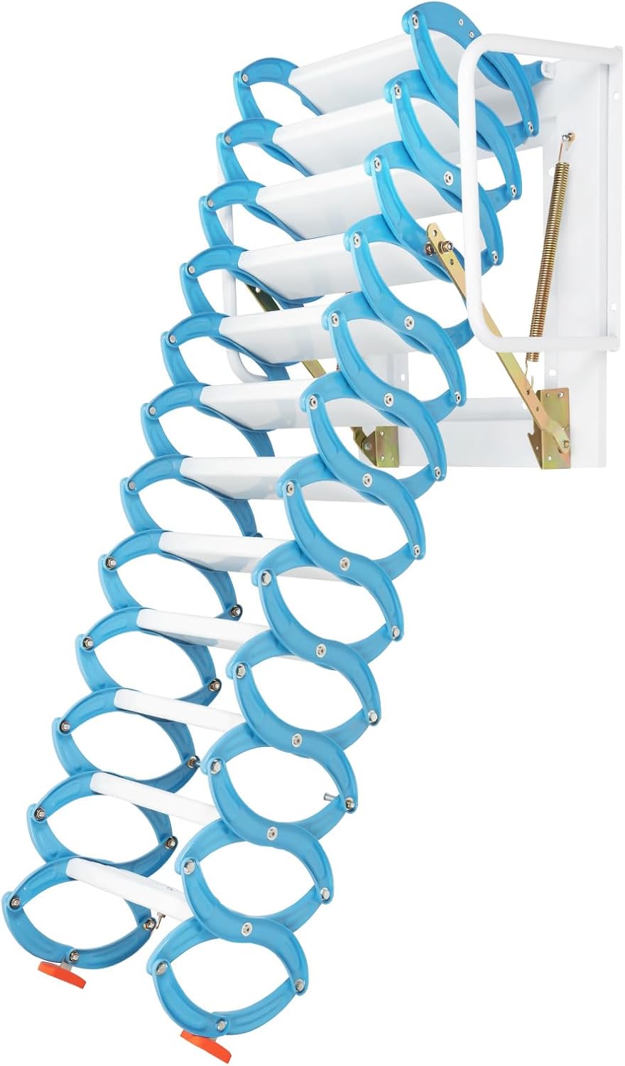 12 Steps Attic Ladder, Wall Mounted Pull Down Loft Steps Folding Stairs, 9.5-10.1Ft Height Aluminum Alloy Narrow Attic Extension Ladder w/Armrests for Basements Warehouses (12, Blue)