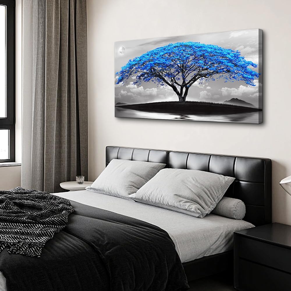 Wapluam Black And White Pictures Large Canvas Prints Wall Art For Living Room Bedroom Wall Decor Blue Tree Landscape Painting To Hang Modern Home Decorations For Office Stretched And Framed Works