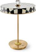 MACKENZIE-CHILDS LED Rechargeable Disk Table Lamp, Cordless Touch Lamp, Black-and-White Courtly Check