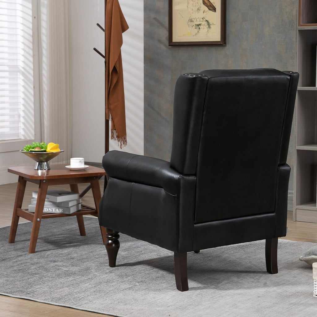 Mid-Century Wingback Chair, PU Leather Accent Chair Armchair with Buttons,Modern Living Room Chairs with Rivet Decoration,Leisure Single Sofa Chair for Bedroom,Club,Home Reception (PU Black)