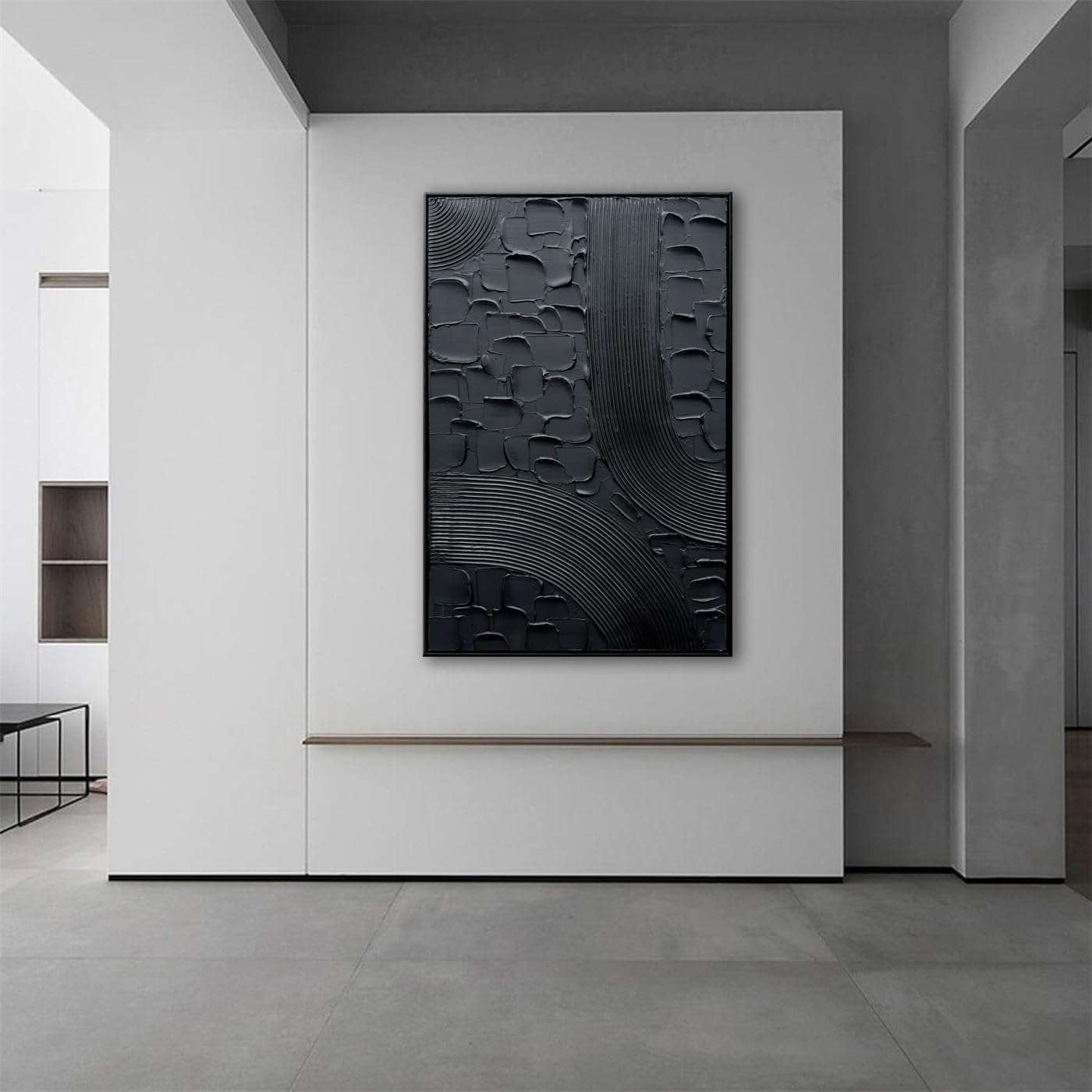 Slyart Black Textured Abstract Wall Art, Hand Painted Contemporary Minimalist Art Oil Painting, 24'x36' Framed Thick Texture Canvas Home Wall Art