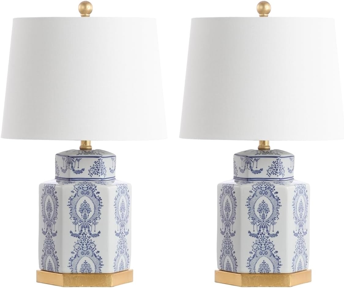 SAFAVIEH Lighting Collection – Bodin Set of 2 Blue & White Ceramic Table Lamps with Gold Leaf Accents, 23-Inch Bedroom or Living Room Lamps, LED Bulbs Included (TBL4150A-SET2)