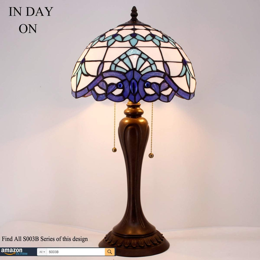 WERFACTORY Tiffany Lamp White Navy Blue Baroque Stained Glass Bedside Table Lamp Desk Reading Light 12X12X22 Inches Decor Bedroom Living Room Home Office S003B Series