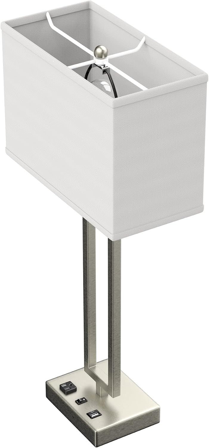 LEDMyPlace 28' Bedside Table Lamp w/ USB Port, On/Off Switch—E26 Lamp Holder—Brushed Nickel Finish & Fabric Linen Shade—Nightstand, Desk Lamp for Bedroom, Living Room, Office, Hotel Room—14'Wx28'Hx7'D