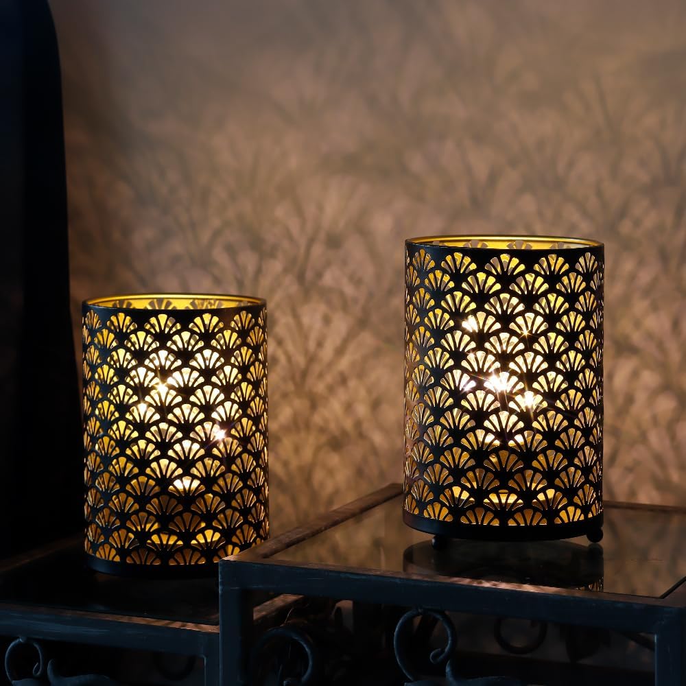 TRIROCKS Set of 12 Table Lamp 6.5'' Tall Metal Cordless Table Lamp Bronze Lanterns with Warm Fairy Lights Bulb for Patio Garden Wedding Parties Indoor Outdoor(Scalloped Hollow Pattern)