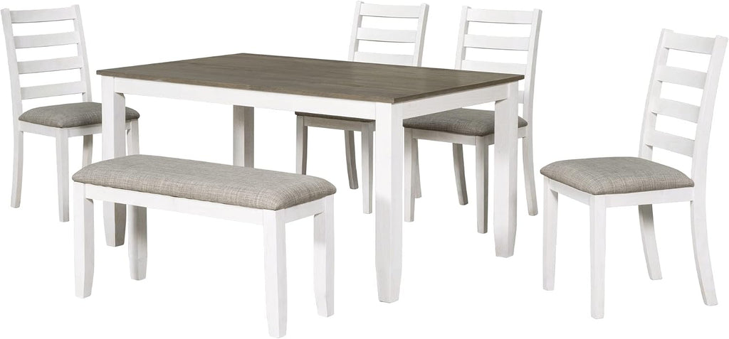 Rustic Farmhouse 6-Piece Dining Room Table Set, Counter Height Wooden Kitchen Dining Set with 4 Upholstered Chairs and Padded Bench, Kitchen Set for 6 (Brown+Whitewash)