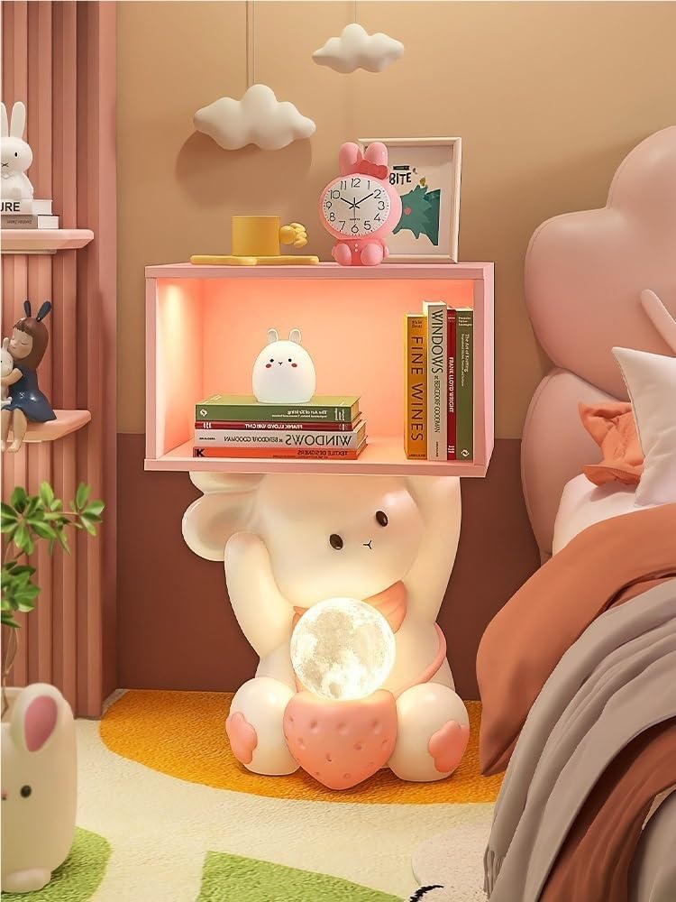 Decorative Bedside Table with Moon Lamp, Cute Nightstand with USB Charging, 3-Colour Adjustable Lighting, Small End Table with Open Storage Shelf(Pink)
