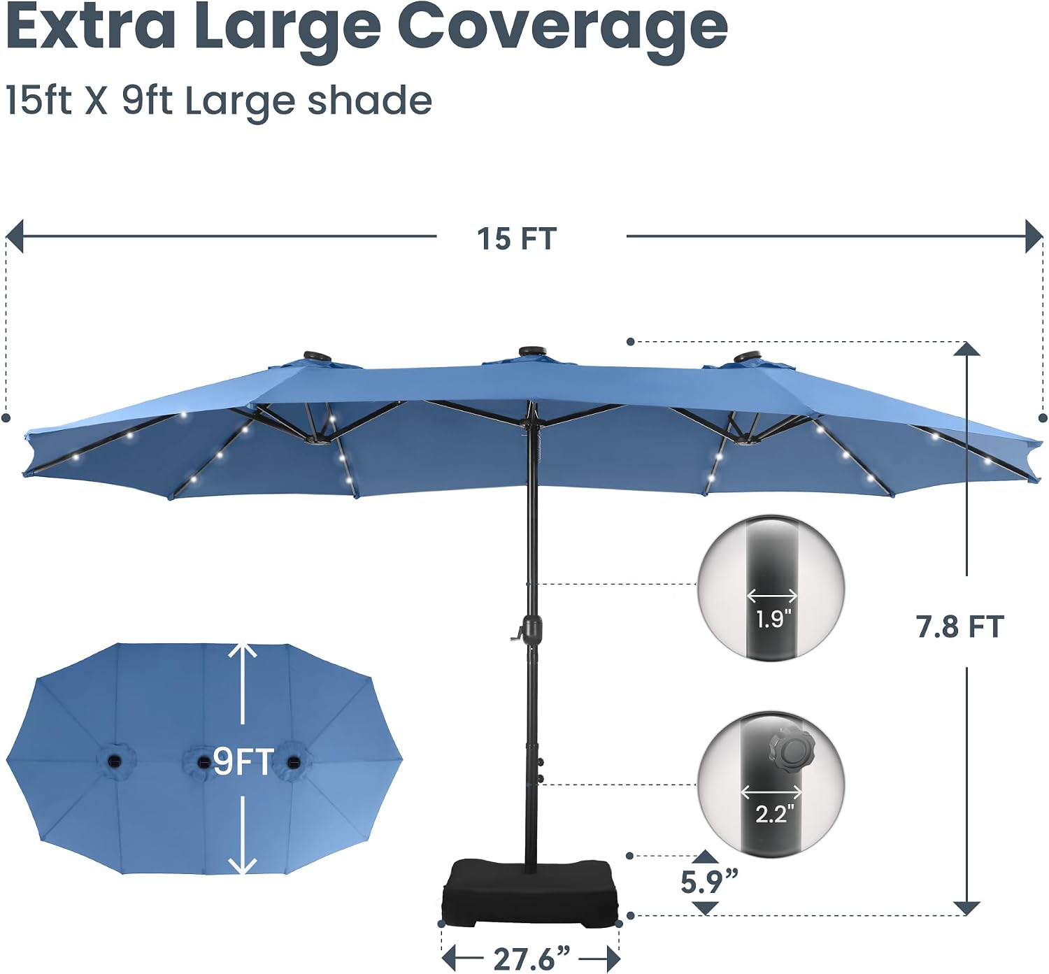 PHI VILLA 15ft Large Patio Umbrella with Solar Lights, Double-Sided Outdoor Market Rectangle Umbrellas with 36 LED Lights, Umbrella Base (Stand) Included, Haze Blue