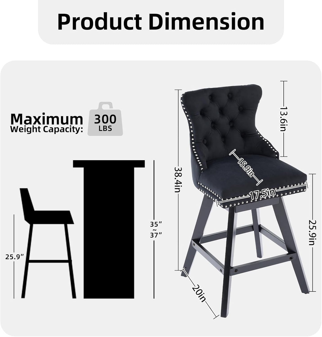 Black Bar Stools Set of 2, Modern Swivel Velvet Counter Height Barstools, Upholstered Kitchen Island Chairs with Button Tufted Back, Rivet Trim, Solid Wood Legs, 26' H Seat, Black