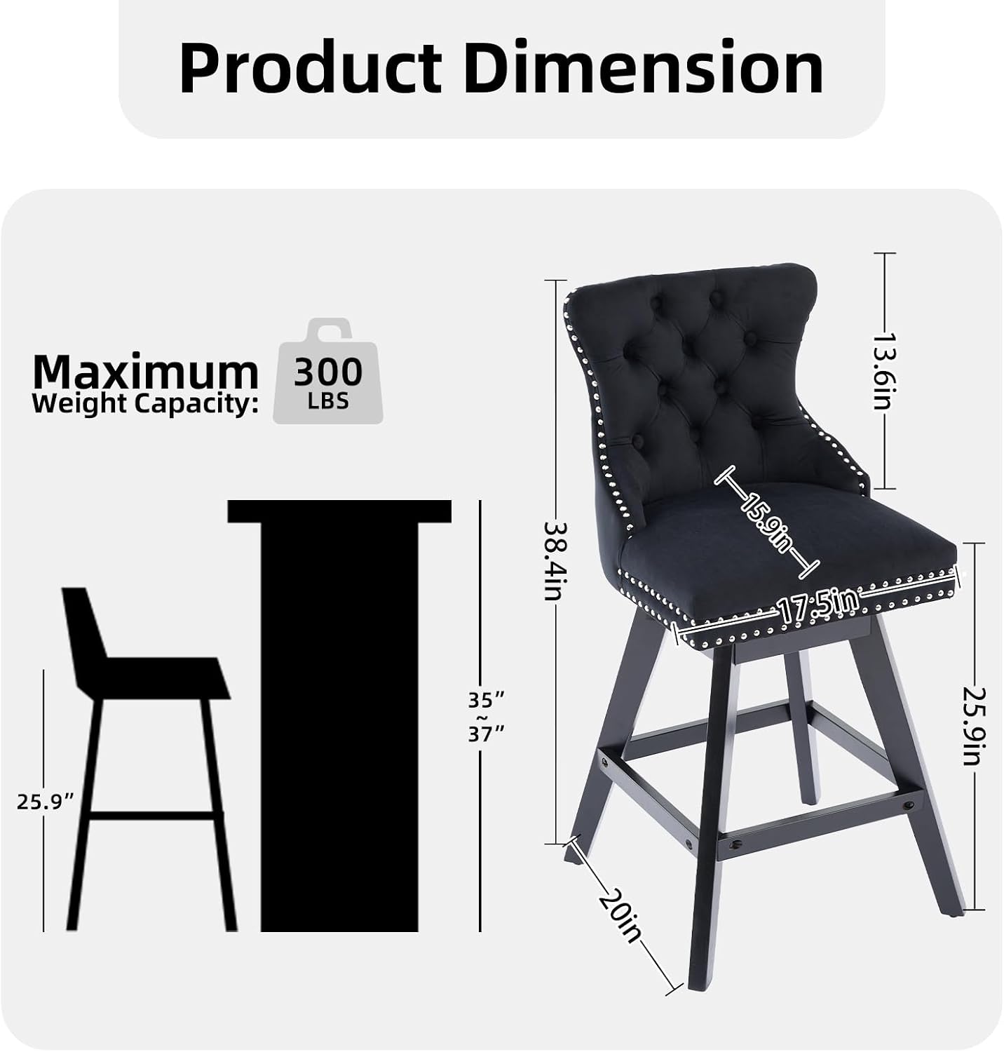Black Bar Stools Set of 4, Modern Swivel Velvet Counter Height Barstools, Upholstered Kitchen Island Chairs with Button Tufted Back, Rivet Trim, Solid Wood Legs, 26' H Seat, Black