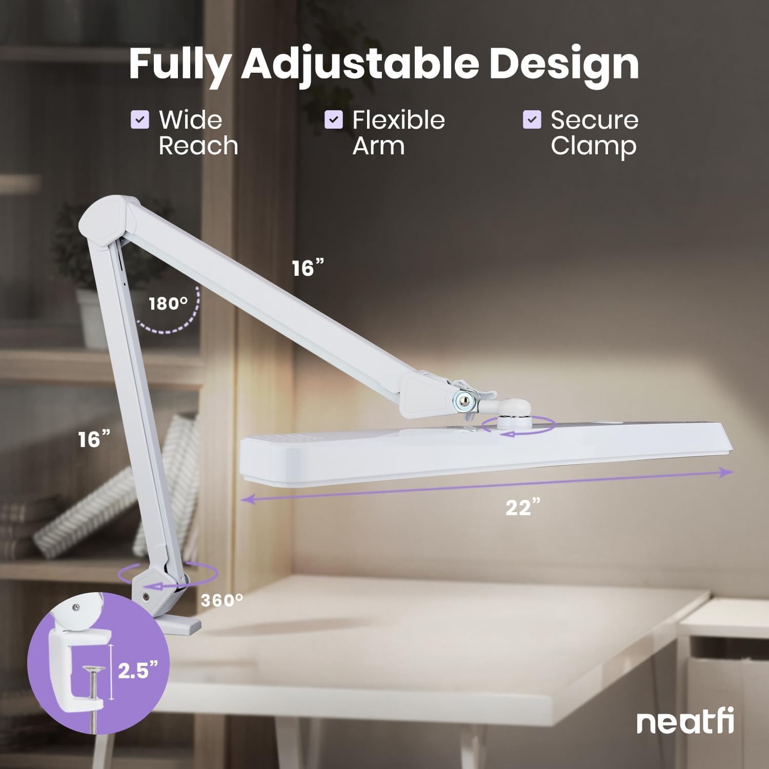 Neatfi XL 2,500 Lumens 30W LED Task Lamp for Manicure Table, Crafts, Workbench, Office – 22' Wide Shade Desk Light | Eye-Caring 6500K | 4-Level Brightness (White, Non-CCT with Clamp)