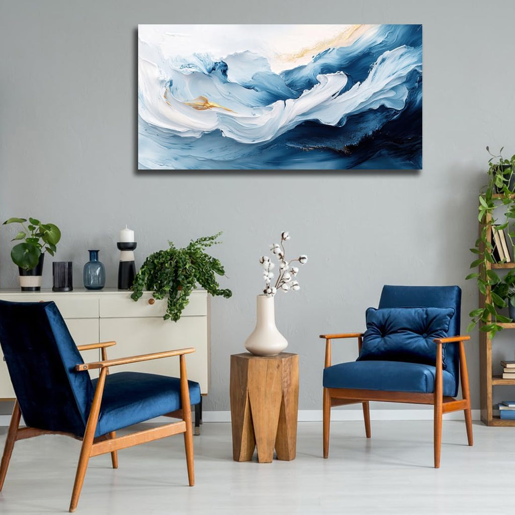 RUIFENGL Blue White Gold Abstract Canvas Prints Wall Art for Living Room Office Decor Blue and White Gold Artwork Paintings Pictures for Bedroom Bathroom Home Office Wall Decoration 29'x58' Xlarge