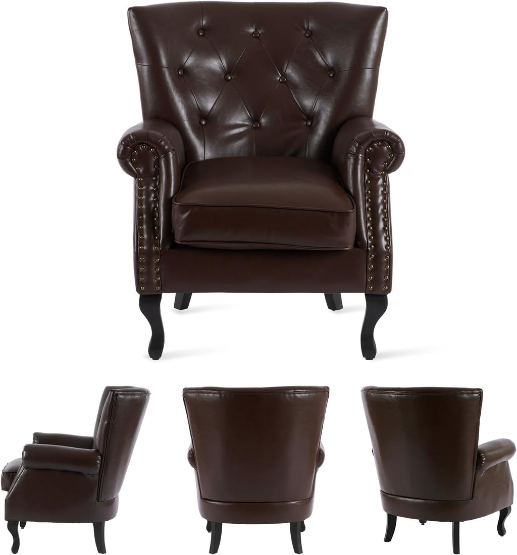 MOJAY PU Leather Accent Chair, Mid-Century Modern Armchair Living Room Club Chair with Tufted Button & Rivet Trim, Upholstered Sofa Chair with Sturdy Wood Legs for Bedroom (Caramel)