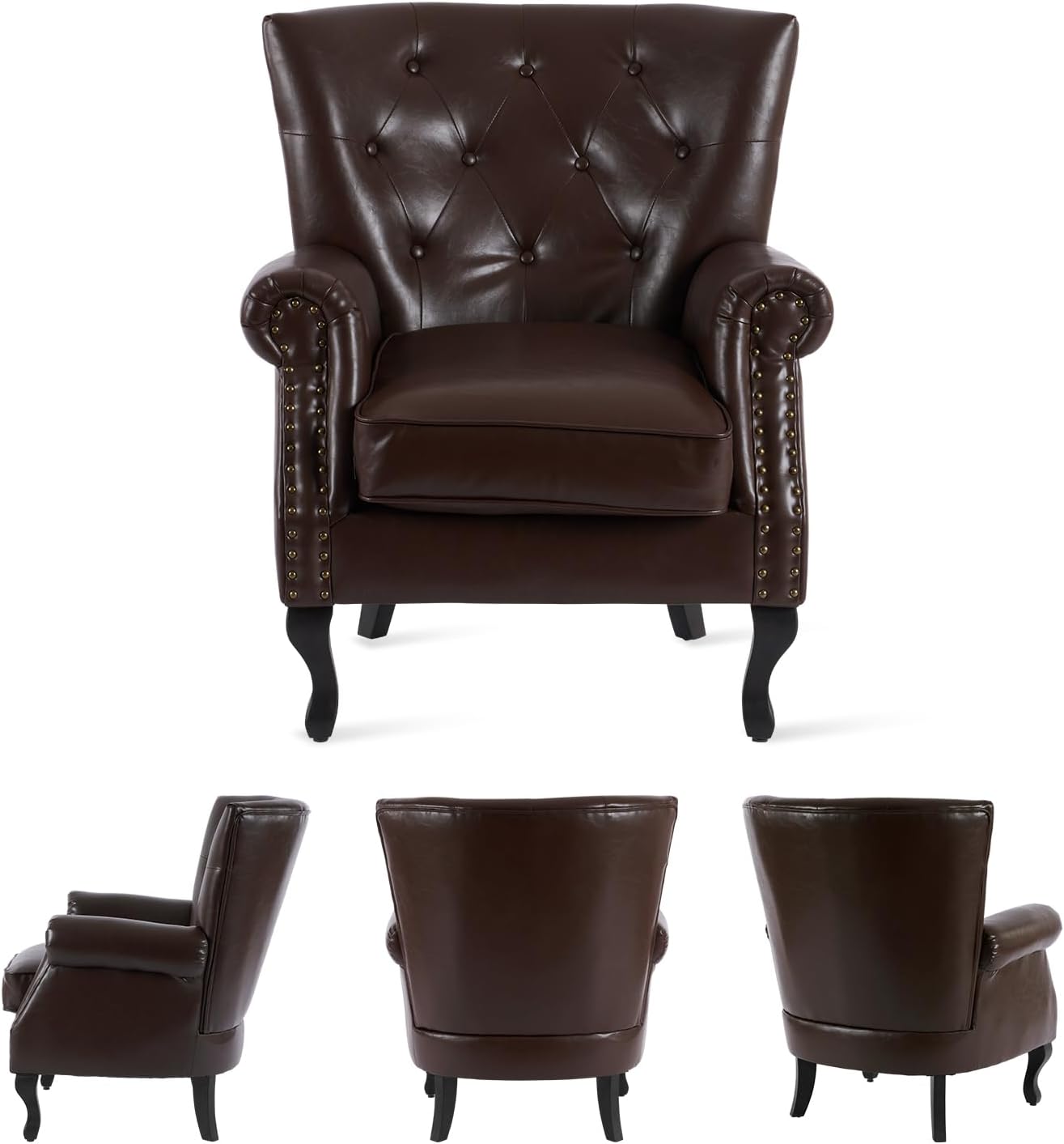 MOJAY PU Leather Accent Chair Set of 2, Modern Armchair Living Room Chair, Upholstered Club Chair with Rivet Trim, Mid-Century Sofa Chair with Sturdy Wood Legs for Bedroom (Caramel)
