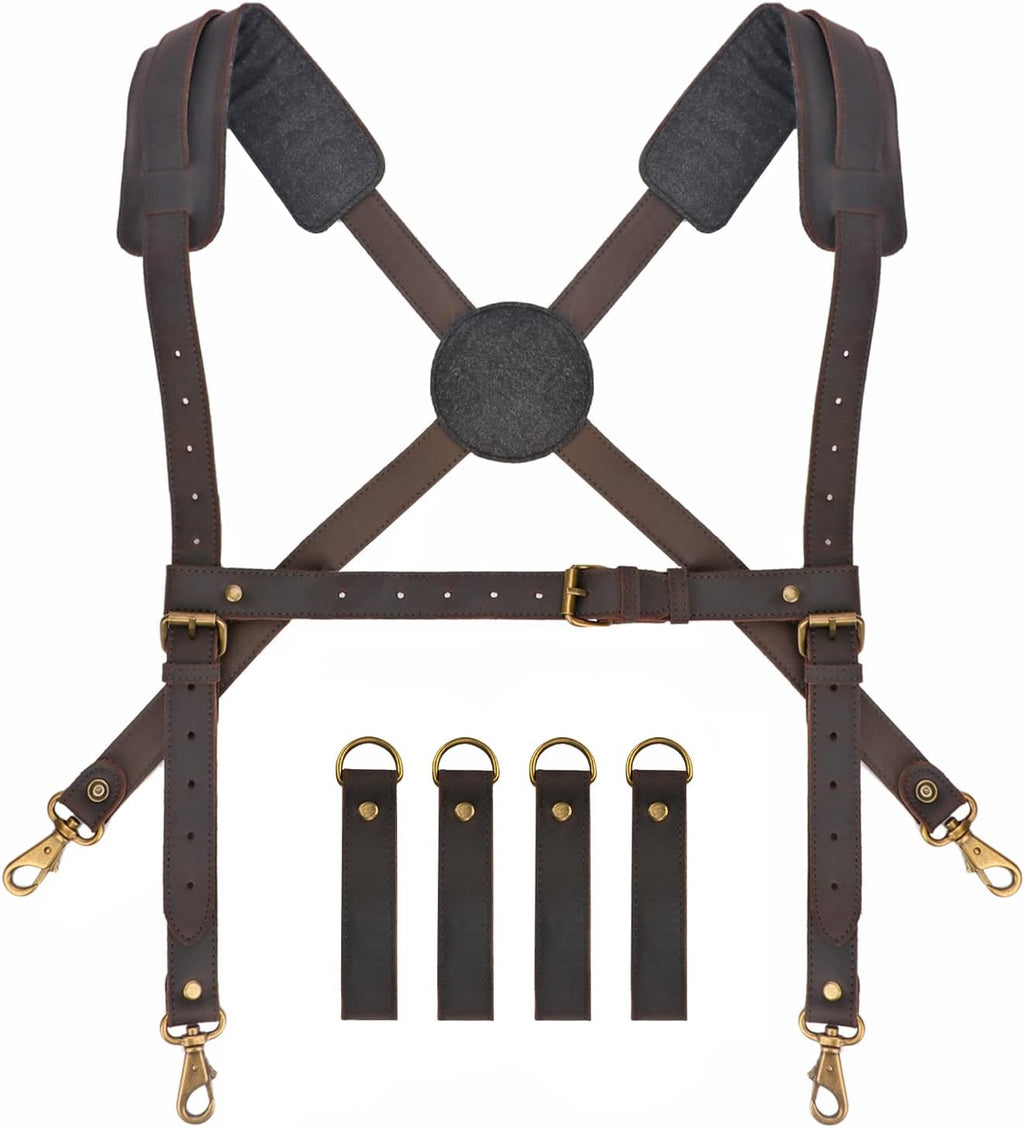 Tourbon Leather Construction Work Tool Belt with Suspenders for Men Faux Fleece Padded Heavy Duty Electrician's Combo Framing Carpenter Belts