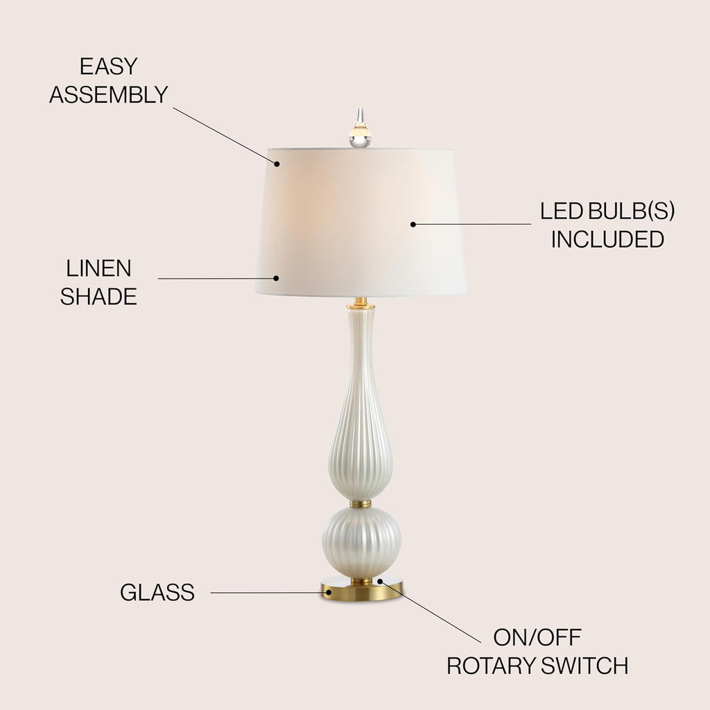 JONATHAN Y 33.7' White Iridescent Fluted Glass Table Lamp, Contemporary Glam Bedside Lamp with Brass Gold Base and White Faux Silk Shade, LED Bulb Included JYL2071A