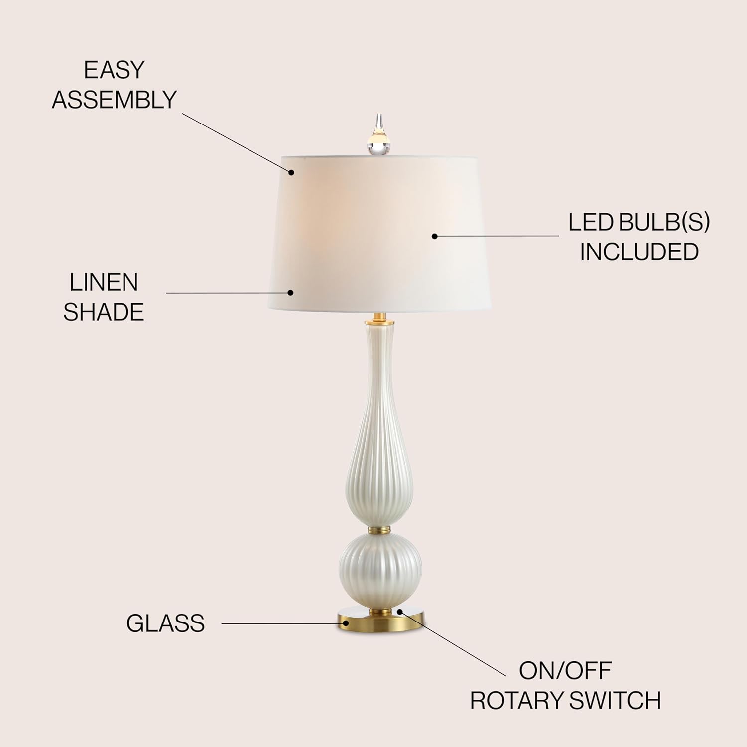 JONATHAN Y 33.7' White Iridescent Fluted Glass Table Lamp, Contemporary Glam Bedside Lamp with Brass Gold Base and White Faux Silk Shade, LED Bulb Included JYL2071A