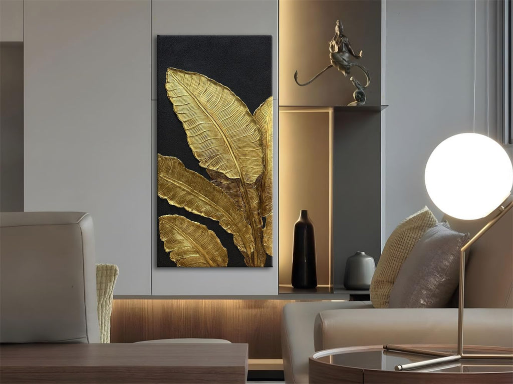 Slyart 100% Hand-Painted 3D Black and Gold Textured Wall Art, Modern Gold Banana Leaf Oil Paintings on Canvas Wall Decor