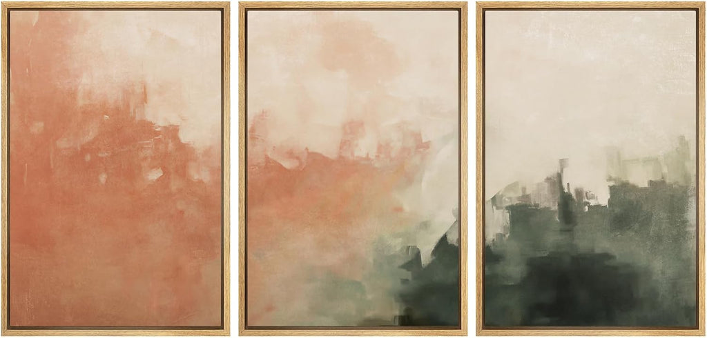 SIGNFORD Framed Canvas Print Wall Art Set Sunset Mist Abstract Coral and Green Illustrations Modern Art Relax/Calm for Living Room, Bedroom, Office - 24'x36'x3 Natural