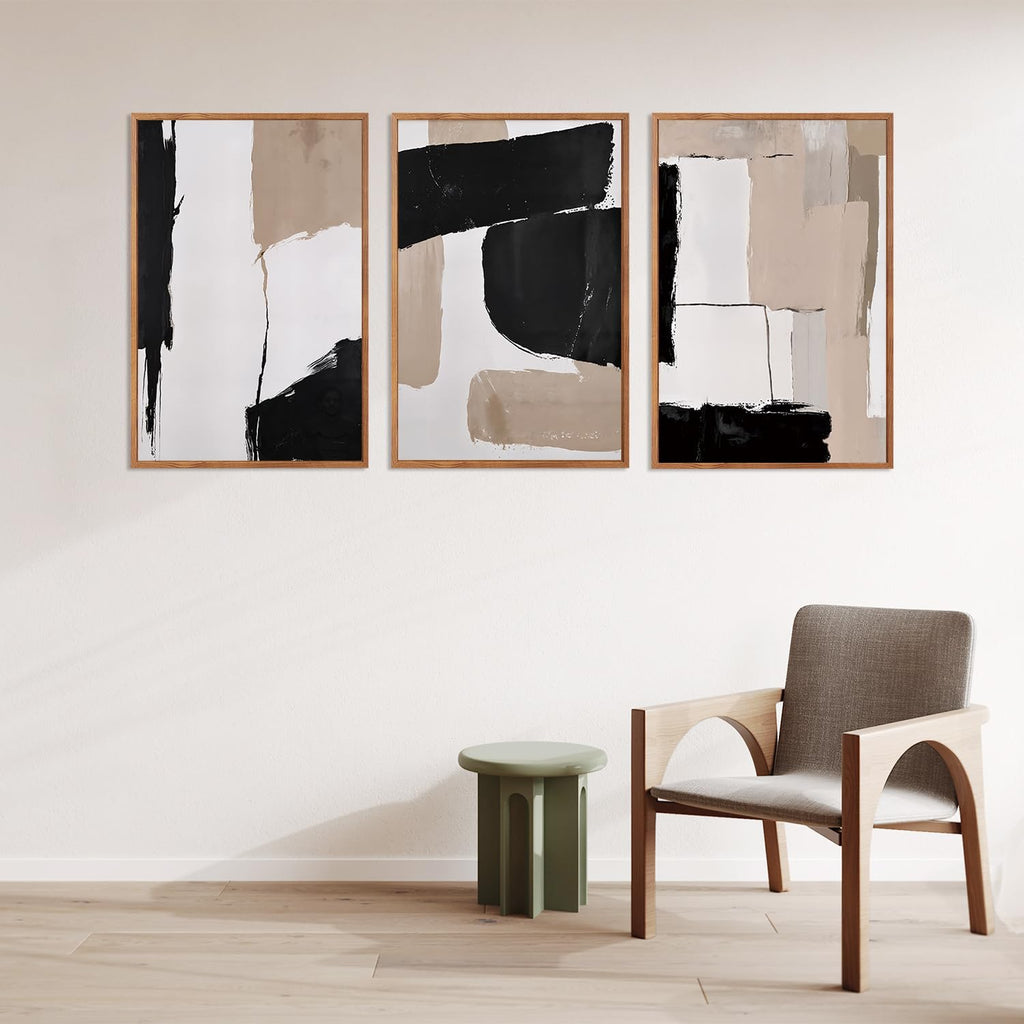 HLNIUC Large Abstract Neutral Framed Canvas Wall Art,Brown Brush Stroke Wall Decor,Minimalist Textured Block Artwork Set of 3(24x36),Modern Beige Black White Prints for Living Room,Bedroom,Office