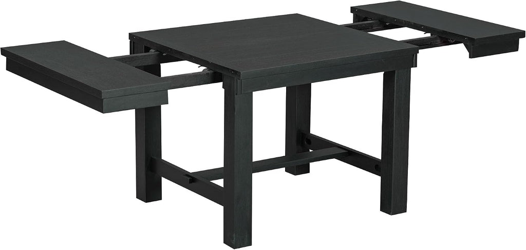 Farmhouse 6-Piece Extendable Dining Room Table Sets, Acacia Wood 82'' Dining Table with 2 Removable Leaf and Upholstered Dining Chairs& Bench, Soft Cushion with Rivet (Black+WT)