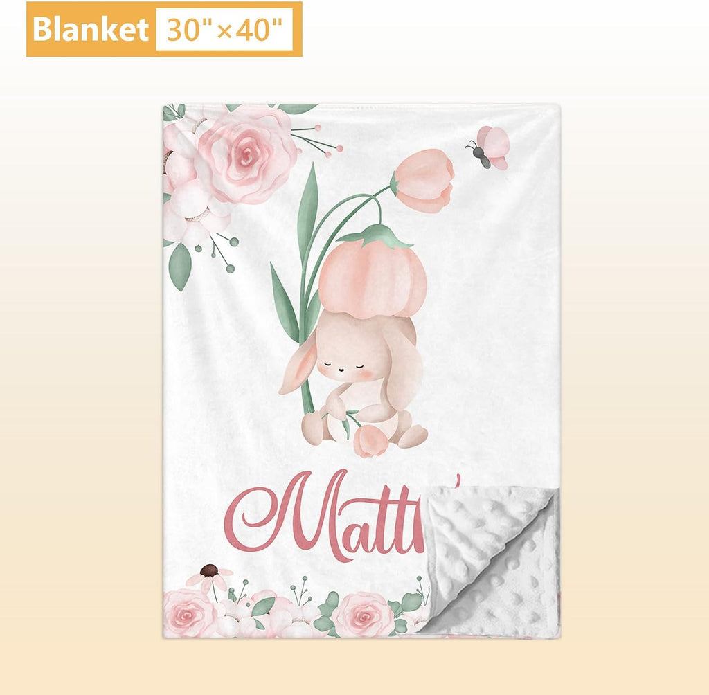 Terwex Custom Baby Crib Bedding Set - 5 Pcs Personalized Name Baby Crib Set with Double Layer Blanket - Soft Tulip Bunny Nursery Bedding Set for Girls Boys - Customized Gifts for Infants Toddlers