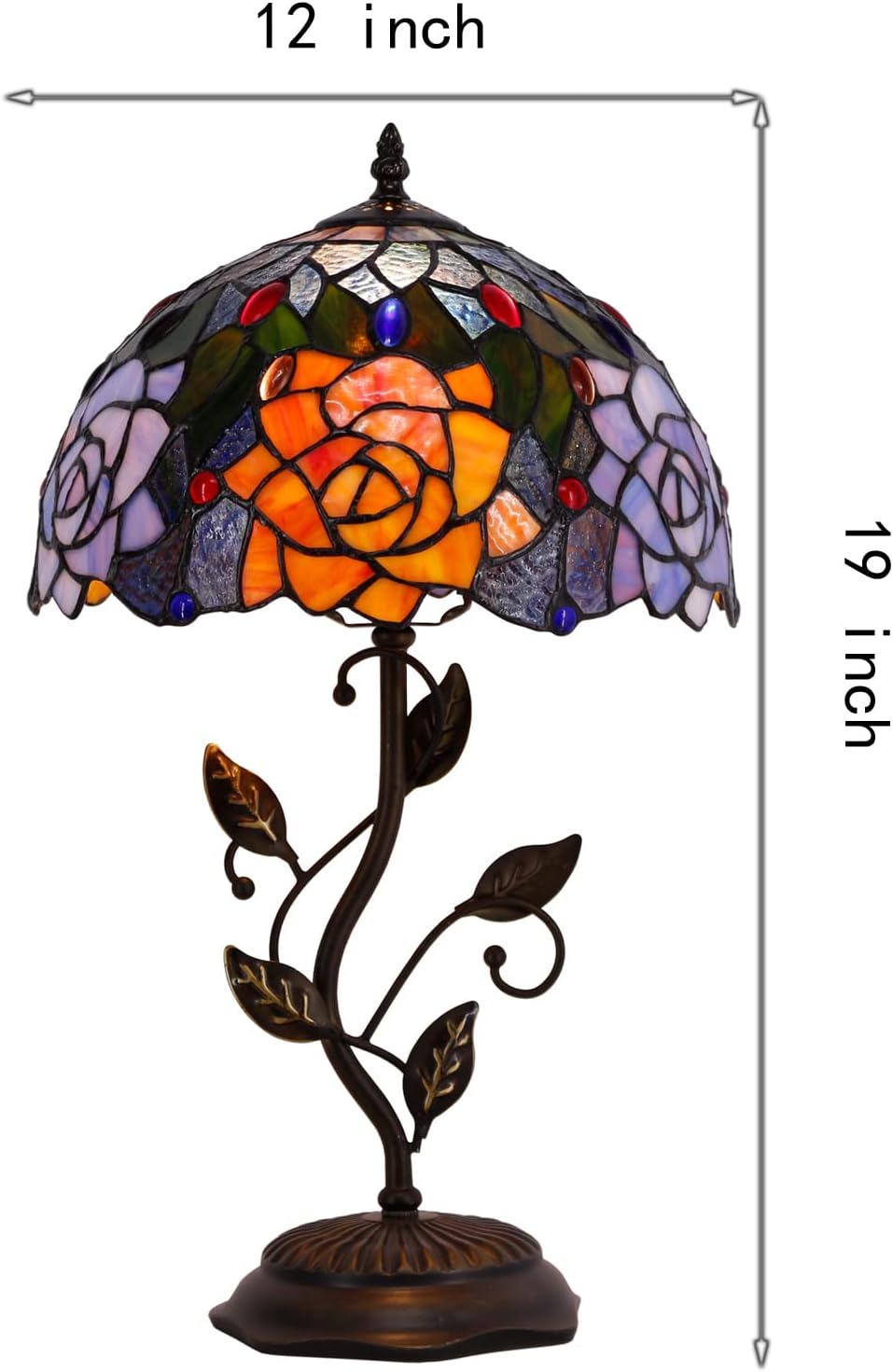 Tiffany Lamp Orange Red Rose Flower Stained Glass Table Lamp Desk Bedside Reading Light 12X12X19 Inches with Metal Leaf Base Decor Bedroom Living Room