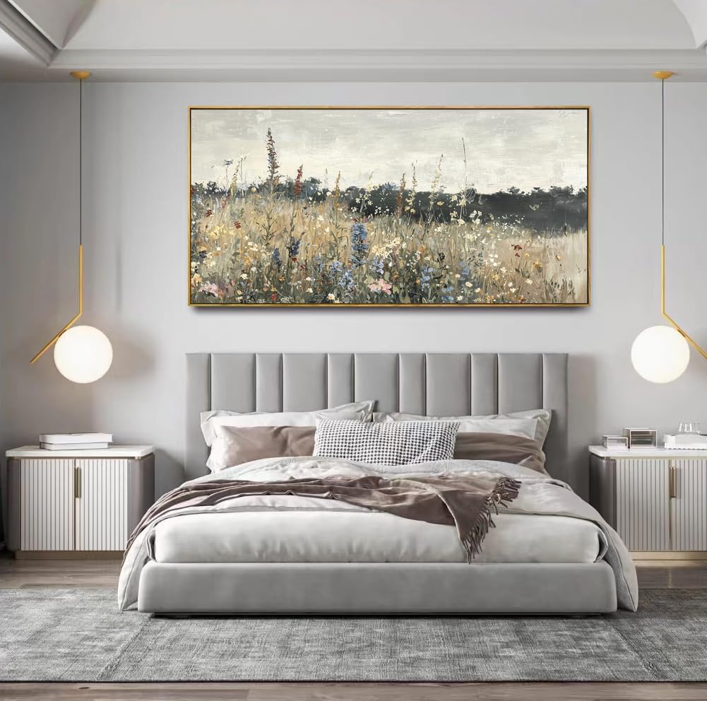 Solid wood Framed Canvas Wall Art Vintage Decor, Classical Oil Painting Canvas Prints Champ fleuri Vintage 29'X58'Wall Art for Home Room Bathroom Decor